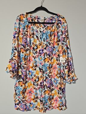 Anne Cole Floral Tie-Neck Tunic in Blue, Pink, Orange